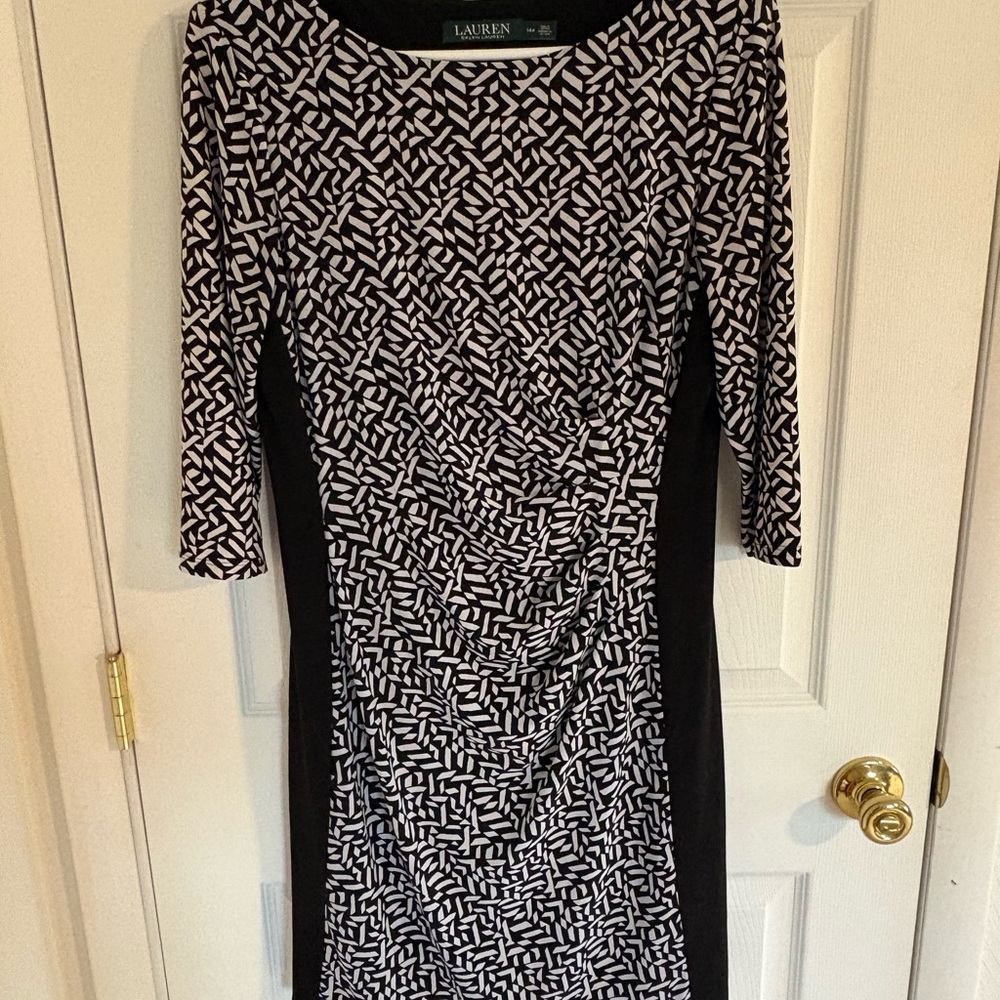 Ralph Lauren Black and White Ruched Sheath Dress - Long Sleeve